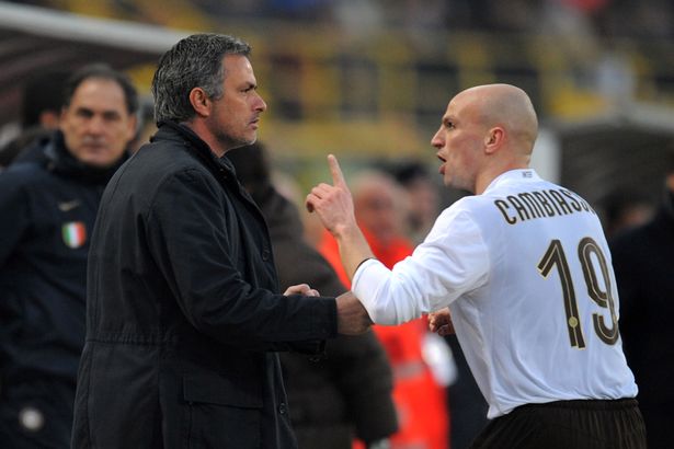 Esteban Cambiassohas words with Inter Milan coach Jose Mourinho