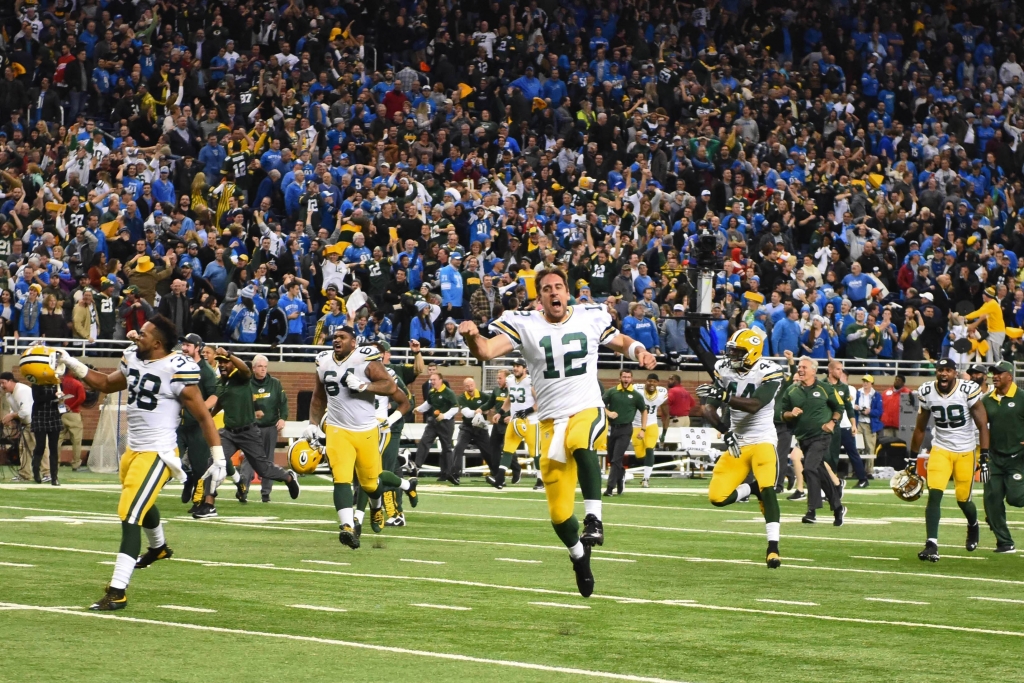 Dec 3 2015 Detroit MI USA Green Bay Packers quarterback Aaron Rodgers celebrates after defeating the Detroit Lions at Ford Field. Green Bay won 27-23. Mandatory Credit Tim Fuller-USA TODAY Sports