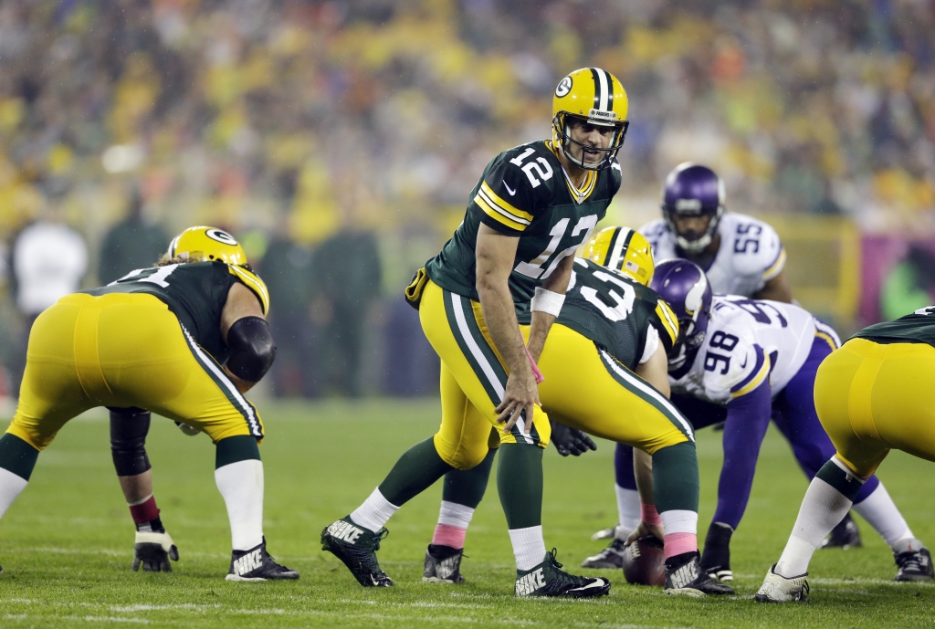 Green Bay Packers&#039 Aaron Rodgers during the first half of an NFL football game against the Minnesota Vikings Thursday Oct. 2 2014 in Green Bay Wis