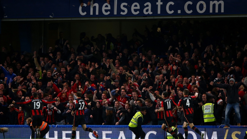 Bournemouth players celebrate at Chelsea