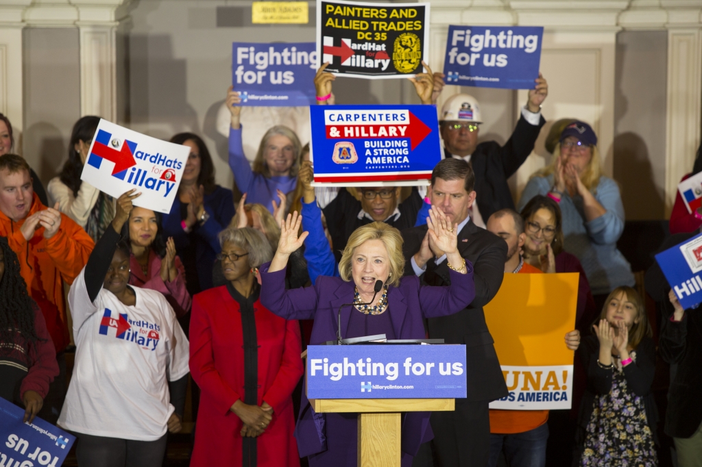 BOSTON 29th Nov 2015 The Mayor of Boston Marty Walsh endorses Democratic candidate Hillary Clinton at Hard Hats for Hillary an event where union workers showed their support for the candidate at Faneuil Hall