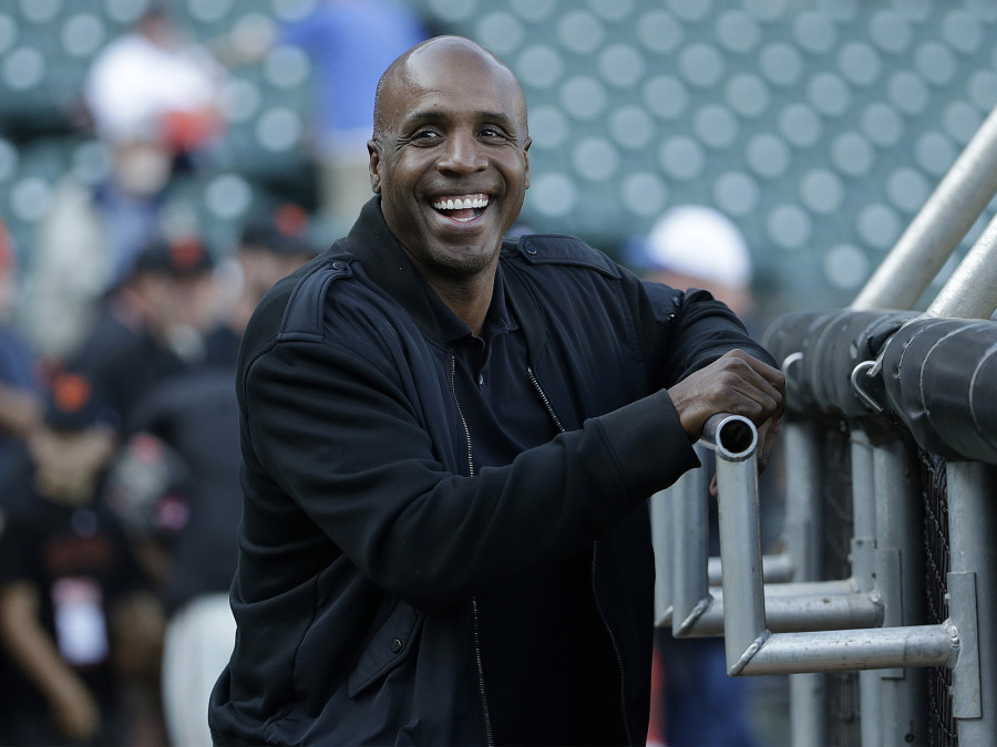 Former San Francisco Giants slugger Barry Bonds smiles before a baseball game between the Giants and Chicago Cubs in San Francisco on Aug. 25 2015