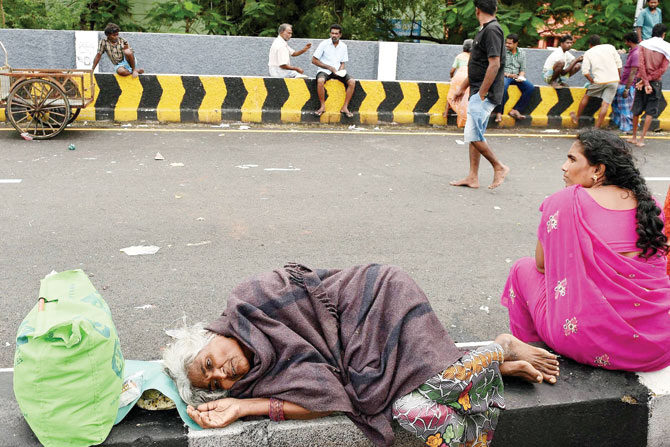 Homeless An old woman rests on the kerbstone after being rescued from a flooded locality in rain-hit Chennai. Pic  PTI