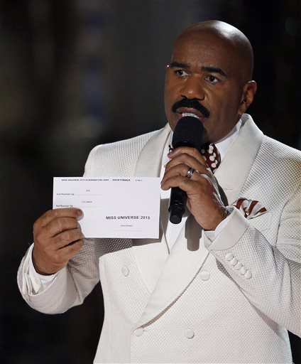 Steve Harvey holds up the card showing the winners after he incorrectly announced Miss Colombia Ariadna Gutierrez as the winner at the Miss Universe pageant on Sunday Dec. 20 2015 in Las Vegas. Miss Philippines Pia Alonzo Wurtzbach was named Miss Unive