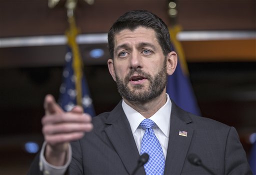 House Speaker Paul Ryan of Wis. gestures during an end-of-the-year news conference on Capitol Hill in Washington Thursday Dec. 17 2015 as the Congress moves toward passage of a $1.1 trillion omnibus spending bill