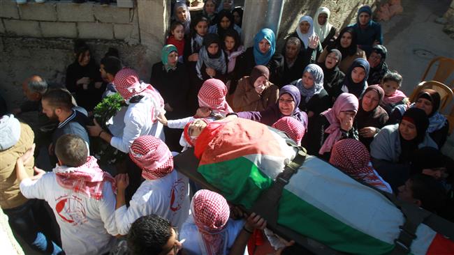 The body of 19 year-old Palestinian Malik Akram Shahin who was killed by Israeli security forces is carried during his funeral procession in the Dheisheh refugee camp near the West Bank town of Bethlehem