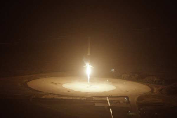 Image of Falcon 9 first stage approaching landing pad. From Elon Musk's twitter page