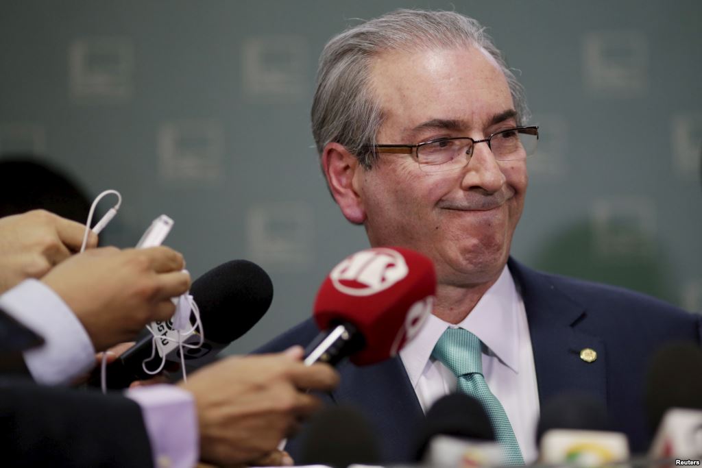 President of Brazil's Chamber of Deputies Eduardo Cunha speaks during a news conference at the Chamber of Deputies in Brasilia Brazil Dec. 7 2015