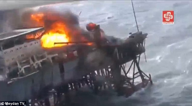 Inferno Some 32 workers have been reported missing presumed dead after a fire broke out on an offshore oil rig in the Caspian Sea
