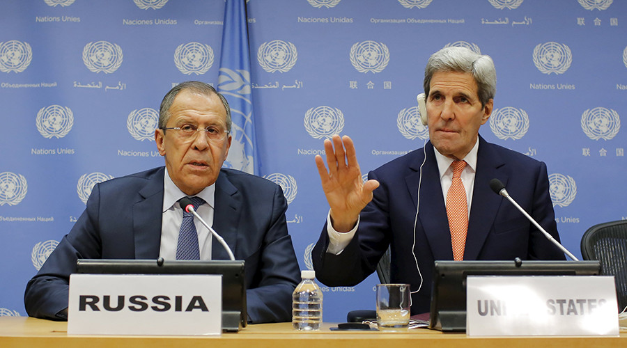 Russia's Foreign Minister Sergey Lavrov listens to U.S. Secretary of State John Kerry during a press conference at the United Nations Headquarters in Manhattan New York