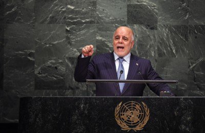 Iraq's Prime Minister Haider Al Abadi addresses the 70th Session of the United Nations General Assembly at the UN in New York