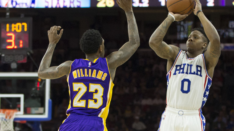 Isaiah Canaan of Philadelphia 76ers takes a shot during their momentous victory over Los Angeles Lakers on Tuesday