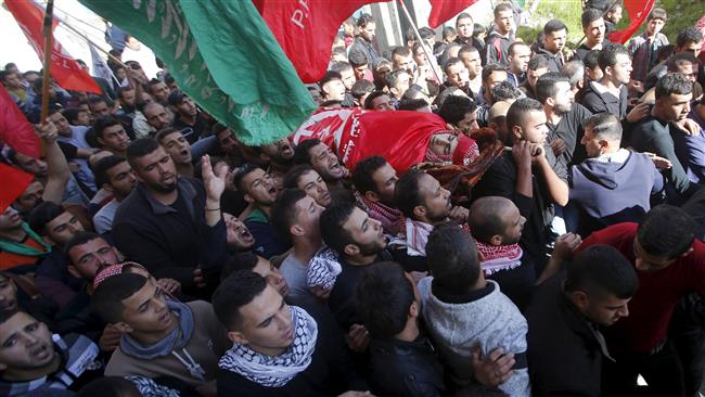 Mourners carry the body of a Palestinian who was killed by Israeli forces in his funeral in the al Aroub refugee camp north of the occupied West Bank city of al Khalil