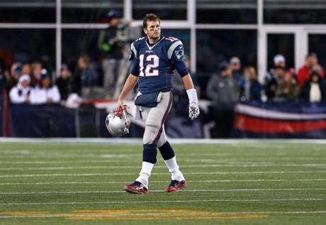 12/06/15 Foxborough MA Following the final Patriots play of the game an incomplete pass thrown to WR Keshawn Martin quarterback Tom Brady watches the replay as he heads for the sidelines. The New England Patriots hosted the Philade