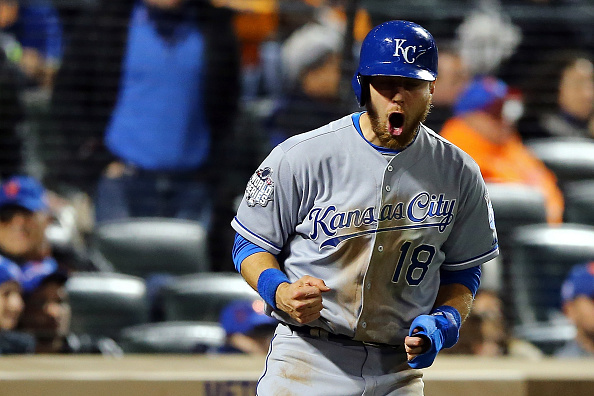 Ben Zobrist #18 of the Kansas City Royals celebrates after scoring a run during Game Five of the 2015 World Series at Citi Field in New York City