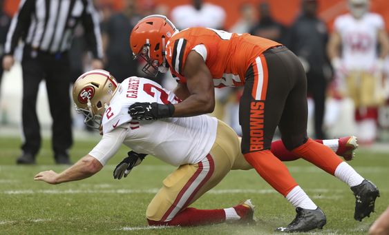 Malcolm Johnson sacks San Francisco 49ers quarterback Blaine Gabbert during the first half of an NFL football game Sunday Dec. 13 2015 in Cleveland