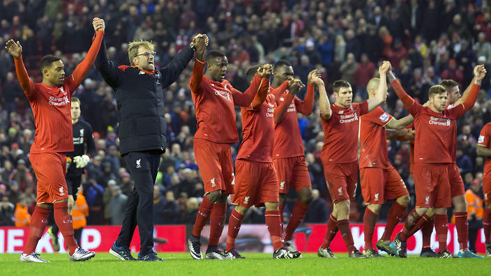 Jurgen Klopp and his Liverpool team acknowledge the fans at full-time            
    
              
     
     
           Sho