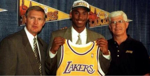 Kobe Bryant joins the Los Angeles Lakers after being traded by the Charlotte Hornets in the 1996 NBA Draft