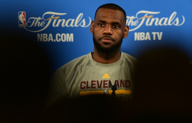 LeBron James of the Cleveland Cavaliers takes questions from the media