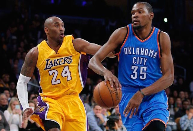 Los Angeles Lakers Kobe Bryant chases Kevin Durant during their game at Staples Center in Los Angeles California. AP