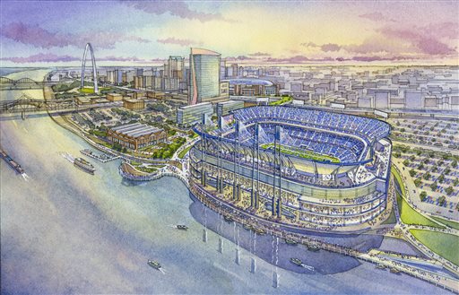 FILE- This file artist's rendering provided by HOK and 360 Architecture in Jan. 2015 shows a proposed NFL stadium in St. Louis. The effort to keep the Rams in St. Louis cleared a major hurdle Thursday Dec. 10 2015 when a city aldermanic committe