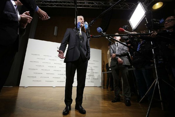 MICHAEL SOHN						Credit AP				Volkswagen CEO Matthias Muller talks to reporters Thursday after a news conference in Wolfsburg Germany