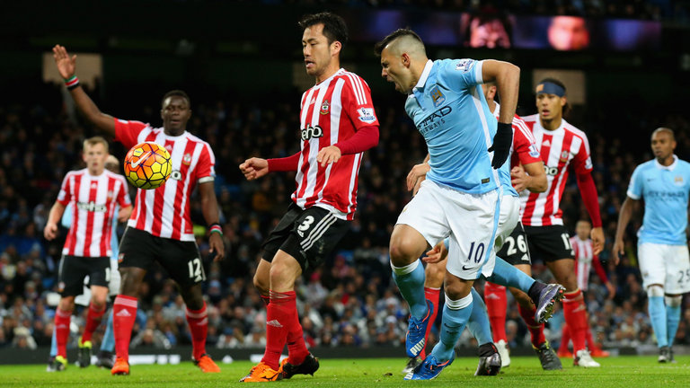 Manchester City striker Sergio Aguero is hurt during the win over Southampton