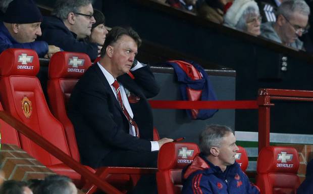 Manchester United manager Louis van Gaal and assistant manager Ryan Giggs look on during the match against Bournemouth