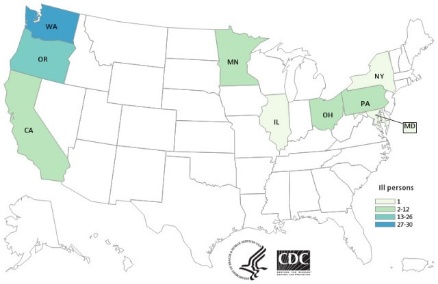 Map of reported E. coli cases stemming from eating at Chipotle in recent