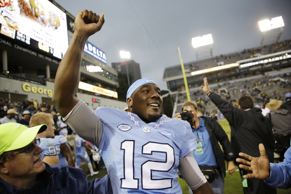 Marquise Williams celebrates a come-from-behind win at Georgia Tech earlier this season