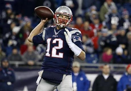 Foxborough MA 12/6/15 New England Patriots Tom Brady throws a pass against the Philadelphia Eagles during third quarter action at Gillette Steadium on Sunday