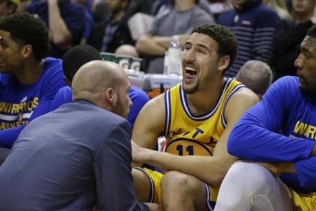 Michael Conroy  AP		Warriors guard Klay Thompson was injured against the Pacers Tuesday night