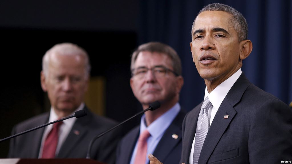 FILE- U.S. President Barack Obama delivers remarks after a National Security Council meeting on the counter Islamic State campaign accompanied by U.S. Vice President Joe Biden and U.S. Defense Secretary Ash Carter in Washington on Dec. 14 2015