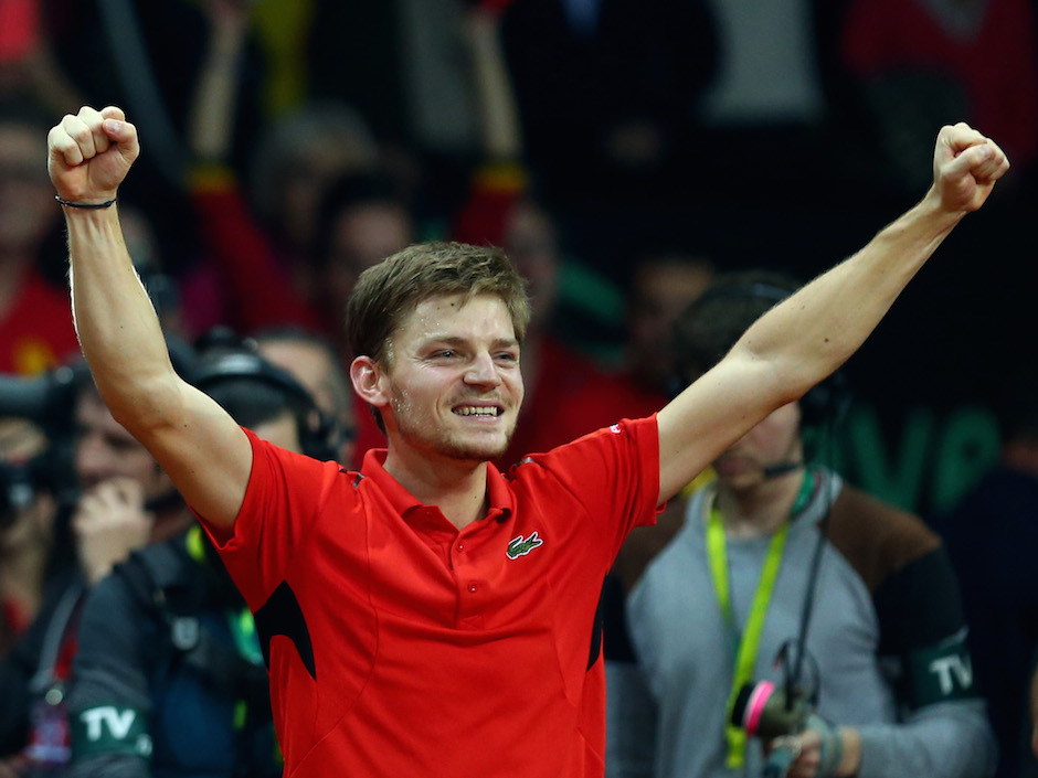 David Goffin celebrates his victory during the singles match against Kyle Edmund on day one of the Davis Cup Final