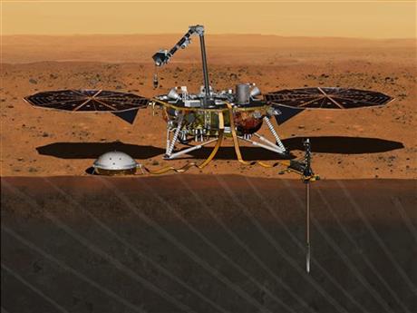 This August 2015 artist's rendering provided by NASA  JPL-Caltech depicts the In Sight Mars lander studying the interior of Mars. The spacecraft was scheduled to launch for Mars in March 2016 but NASA said Tuesday Dec. 22 that managers have suspended