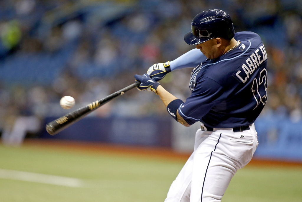 Asdrubal Cabrera of the Tampa Bay Rays makes contact during the first inning against the Toronto Blue Jays on Oct. 3 2015 at Tropicana Field in St. Petersburg Florida