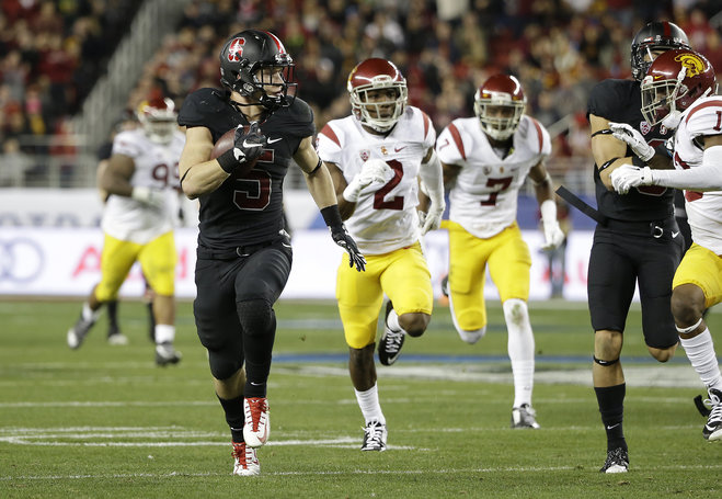 Stanford running back Christian Mc Caffrey runs against Southern California during the first half of a Pac-12 Conference championship NCAA college football game Saturday Dec. 5 2015 in Santa Clara Calif