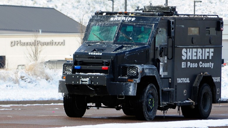 An El Paso County Sheriff's tactical response vehicle leaves the scene on Sunday Nov. 29 2015 in Colorado Springs Colo. after Friday's deadly shooting at a Planned Parenthood clinic