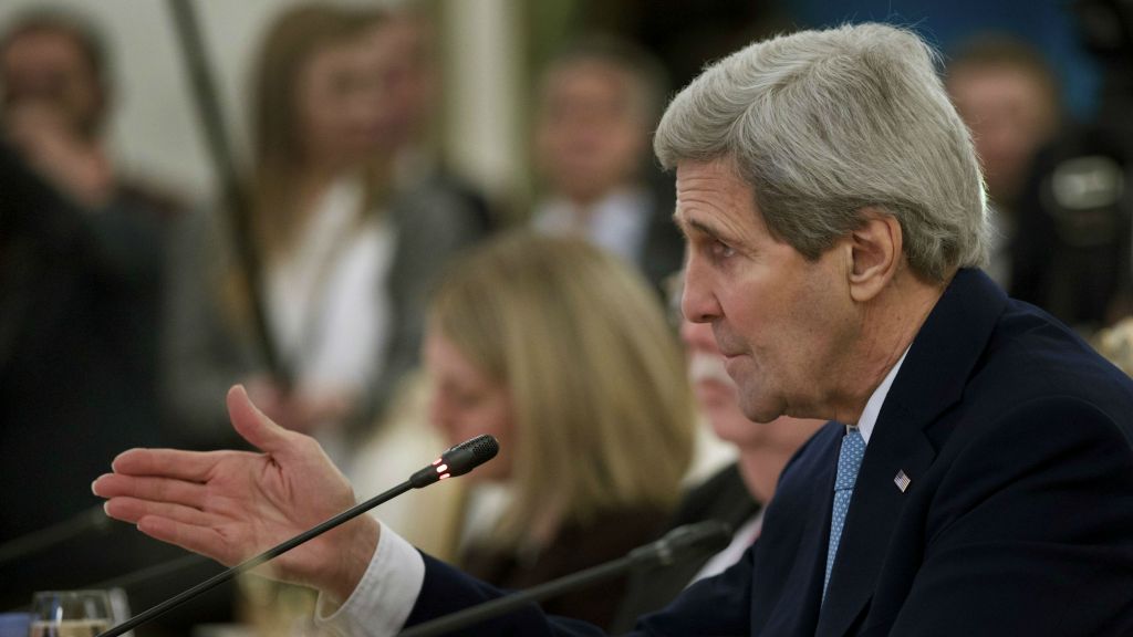 US Secretary of State John Kerry speaks during a meeting with Russian Foreign Minister Sergey Lavrov in Moscow Tuesday Dec. 15 2015