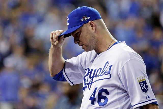 Kansas City Royals relief pitcher Ryan Madson leaves the game against the Toronto Blue Jays during the eighth inning in Game 6 of baseball's American League Championship Series on Friday Oct. 23 2015 in Kansas City Mo