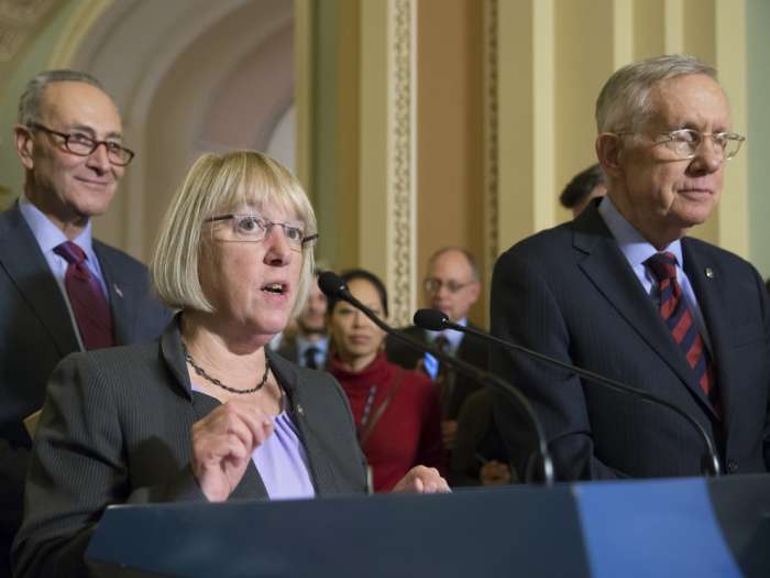 Sen. Patty Murray D-Wash. center joined by Senate Minority Leader Harry Reid D-Nev. right and Sen. Chuck Schumer D-N.Y. speaks to reporters after the Senate voted overwhelmingly to end debate on the makeover of the widely criticized No Child Left