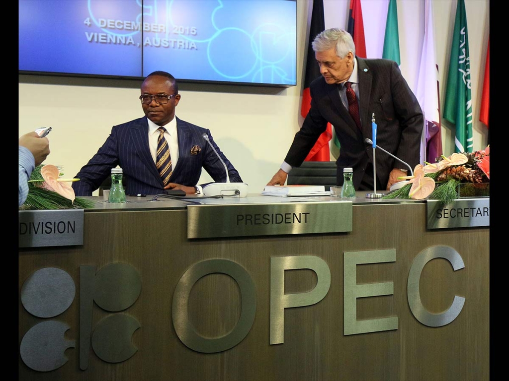 Nigeria's Minister of State for Petroleum Resources and President of the OPEC Conference Emmanuel Ibe Kachikwu left and OPEC's Secretary General Abdalla Salem El Badri of Libya attend a news conference after a meeting of the Organization