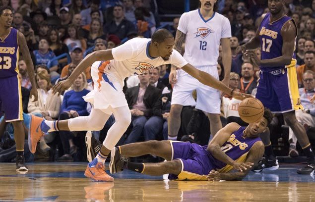 Durant leads way as Thunder extend home streak to eight with rout of Kobe-less Lakers