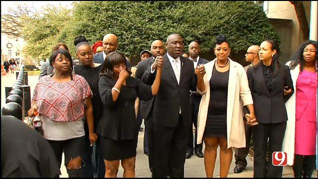 Two victims Janie Liggins and Sharday Hill along with their attorneys and family members held a news conference at 11 a.m. Friday on the steps of the Oklahoma County District Courthouse