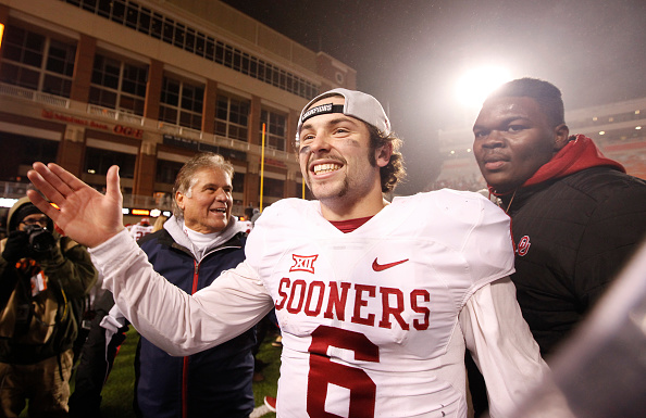 STILLWATER OK- NOVEMBER 28: Quarterback Baker Mayfield #6 of the Oklahoma Sooners celebrates after the game against the Oklahoma State Cowboys