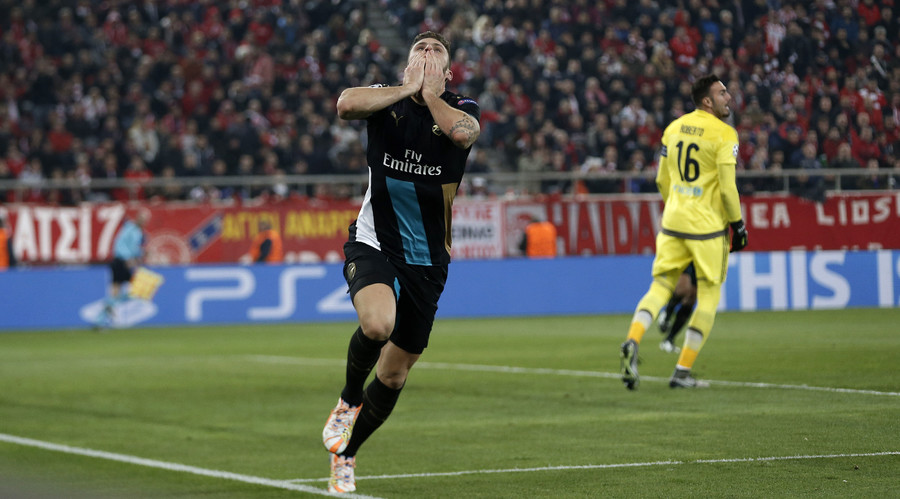 Olympiakos v Arsenal. Olivier Giroud celebrates after scoring the second goal for Arsenal