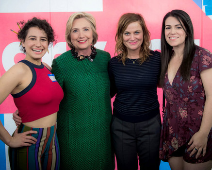 On the set of ‘Broad City’ were left to right Ilana Glazer Hillary Clinton Amy Poehler and Abbi Jacobson