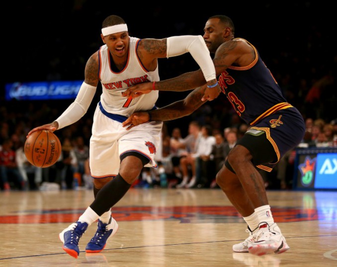 GETTY IMAGES NORTH AMERICA AFP Elsa Carmelo Anthony of the New York Knicks tries to get around Le Bron James of the Cleveland Cavaliers in the fourth quarter at Madison Square Garden