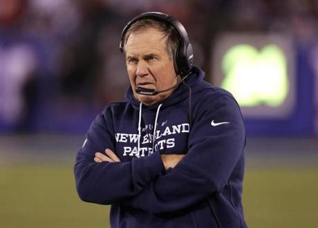 East Rutherford NJ- 11/15/15- New England Patriots head coach Bill Belichick on the sidelines late in the fourth quarter. The New England Patriots take on the New York Giants at Met Life Stadium in East Rutherford NJ.- (Barry Chin  Globe