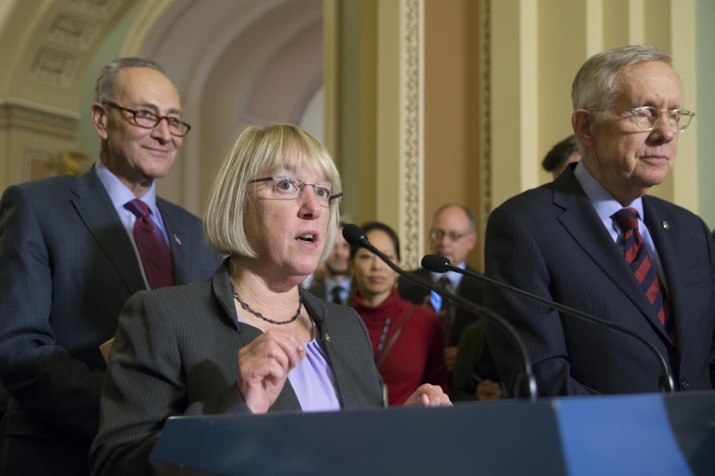 Sen. Patty Murray D-Wash. center joined by Senate Minority Leader Harry Reid D-Nev. right and Sen. Chuck Schumer D-N.Y. speaks to reporters after the Senate voted overwhelmingly to end debate on the makeover of the widely criticized No Child Left